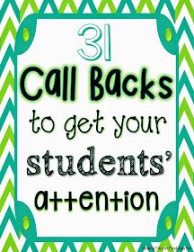 the words 31 call backs to get your students attention on a green and white chevron background