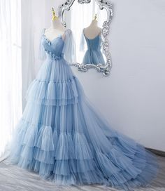 Blue V neck tulle long prom dress A line evening dress · Little Cute · Online Store Powered by Storenvy Disney Princess Prom Dress, Reign Costumes, Disney Prom Dresses, Constellation Wedding, Wedding Vegas, Princess Evening Dress, Prom Dress Blue, Tulle Long Prom Dress, Blue Evening Gowns