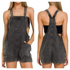 New Brand: Zenana Washed Knot Strap Rompers 97% Cotton 3% Spandex Top Body Length (Top To Crotch)21¾ Inseam 2¼ Leg Opening 25" Black Casual Overalls, Trendy Black Shortalls For Summer, Black Stretch Cotton Jumpsuits And Rompers, Chic Shortalls For Day Out, Casual Stretch Overalls, Casual Fitted Black Overalls, Black Fitted Casual Overalls, Casual Washed Black Overalls For Spring, Black Cotton Shortalls For Summer