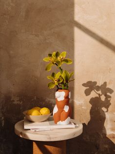 a vase with flowers and lemons sitting on a table in front of a wall