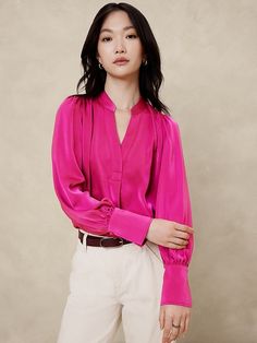 Crepe Volume-Sleeve Blouse | Banana Republic Factory Winter Shopping, Capsule Wardrobe Outfits, Corporate Style, Holiday Events, Classy Casual Outfits, Classy Casual, Banana Republic Factory, Band Collar, Crepe Fabric