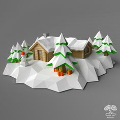 a low poly model of a house in the snow with evergreens on each side