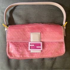 Up For Sale Is A Fendi Pink Sequin 1997 Style Baguette This Version Does Not Have The Option To Be Worn Crossbody And Is Reminiscent Of The Vintage Version This Baguette Is From Spring/Summer 2021, Which Was Part Of Sarah Coleman’s Collection For Fendi Condition: Pre-Owned, There Are Some Sequins Missing, As Well As A Few Dirt Spots On The Fabric In The Interior, Paint Chipping On The Buckle And The Snap Closure Shows Some Wear It’s A Beautiful And Rare Piece, It’s Literally A Barbie Bag Comes W Pink Fendi Bag, 1997 Style, Barbie Bag, Pink Fendi, Fendi Pink, Sequin Pink, Color Chip, Different Shades Of Pink, Baguette Bag