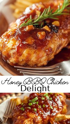 honey bbq chicken is served with french fries