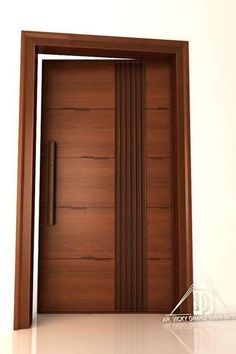 an open wooden door on a white wall