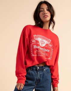 Brew City Budweiser Crewneck Sweatshirt. Large Graphic Screened On Front. Ribbed Crew Neckline. Cuffed Long Sleeves And Hem. Fleece Lining. Oversized Fit. 60% Cotton, 40% Polyester. Machine Wash. Imported. Model Is Wearing A Size Small Model Measurements:height: 5'7" Bust: 32"waist: 25"hips: 36" Red Oversized Crew Top, Oversized Red Crew Neck Top, Trendy Crew Neck Top For Spring, Trendy Spring Crew Neck Tops, Spring Crew Neck Top With Letter Print, Budweiser Crewneck, Budweiser Sweatshirt, Womens Crewneck, Christmas List