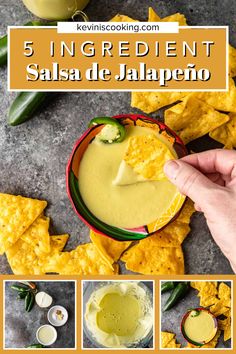 a hand dipping guacamole into a bowl with tortilla chips on the side