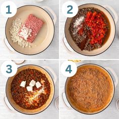 four pictures showing how to make an enchilada in a pot with ingredients