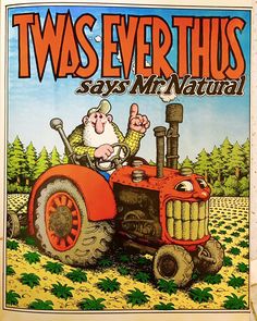 an advertisement for a farm tractor with a cartoon character on the front and side of it