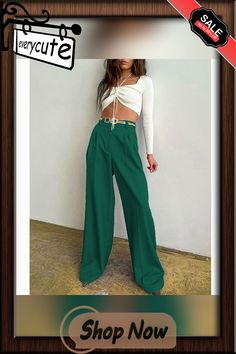 Green High Waisted Draped Wide Leg Pants High Waist Green Wide Leg Pants For Fall, Chic Green Baggy Pants, Chic Baggy Green Pants, Green High-waist Fall Dress Pants, Green High-waist Dress Pants For Fall, High-waist Green Dress Pants For Fall, High Waist Green Dress Pants For Fall, Green Straight Work Pants For Fall, Straight Green Work Pants For Fall