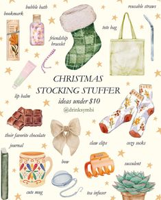 the christmas stocking stuff is displayed in this watercolor drawing style poster, which includes stockings, mugs and other items