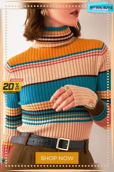 Fall/winter Turtleneck Color Striped Slim-fit Knit Sweater Warm Winter Sweater, Winter Striped Long Sleeve Sweater, Trendy Multicolor Winter Sweater, Trendy Multicolor Winter Top, Winter Tops With Ribbed Collar, Fitted Knitted Sweater For Winter, Trendy Winter Sweater For Cold Weather, Striped Crew Neck Sweater For Winter, Striped Ribbed Sweater For Winter