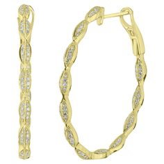 Elevate your look with these exquisite 14K Yellow Gold Diamond Hoop Earrings. Featuring a graceful, Leaf curved design, these earrings are adorned with sparkling round diamonds, each possessing a dazzling GH color and SI1 clarity. Carefully cut in a single cut style, these diamonds maximize brilliance, adding a touch of luxury to your everyday ensemble. Crafted from premium 14K yellow gold, these oval-shaped hoops are both durable and elegant. The earrings are designed with a secure omega back c Modern Hoop Earrings, Gold Diamond Hoop Earrings, Sapphire And Diamond Earrings, White Gold Hoops, Pearl Hoop Earrings, Diamond Hoop Earrings, White Gold Band, Antique Earrings, Modern Earrings