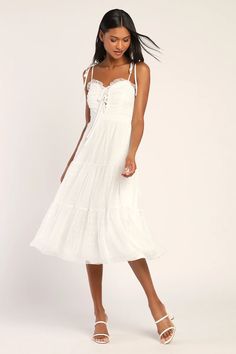 Cute Lace Midi Dresses | Shop Black or White Midi Dresses - Lulus Mid-length Summer Dress With Lace Trim, Scalloped Lace Midi Dress For Brunch, Fitted Lace Crochet Sundress, Fitted Crochet Sundress With Lace Trim, Brunch Sundress With Lace Trim, Lace Trim Midi Dress For Brunch, Fitted Lace Midi Dress For Day Out, Lace Midi Vacation Dress, Lace Midi Length Dress For Day Out