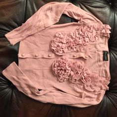 New Never Worn In Excellent Condition Size It 44 Fits True To Size Or Smaller Rayon/Nylon/Spandex Beautiful Fit Gorgeous Dusty Rose Color Shifting Closet, Dusty Rose Color, Pink Ruffle, Rose Color, Dusty Rose, Knit Cardigan, Ruffles, Sweaters For Women, Spandex