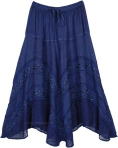 An all-season staple, this blue skirt would make you stand out! Its gorgeous deep blue shade looks beautiful with its deep tones, and the embroidery is accentuated with glitters. The piece has delicate floral work all over, with a band of crochet lace. #tlb #Embroidered #Lace #Misses #MaxiSkirt #vacationclothing #Fall #bohemianfashion #westernskirt #renaissancemidiskirt Blue Sequined Skirt For Spring, Blue Sequined Skirt For Summer, Long Blue Embroidered Skirt, Blue Embroidered Long Skirt, Blue Skirt Outfits, Long Blue Skirts, Skirt Aesthetic, Western Skirts, Skirts Flowy