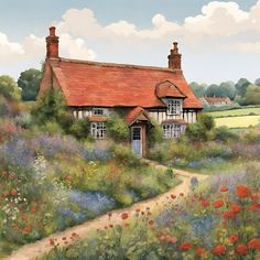 a painting of a country cottage with flowers in the foreground and a path leading to it