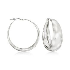 Ross-Simons - Italian Sterling Silver Flat-Edge Hoop Earrings. 1 3/4". From Italy, these sleek sterling silver hoop earrings boast a graduated profile with dimensional flat edges that give their classic look a bit more character. Hanging length is 1 3/4". Snap-bar, sterling silver flat-edge hoop earrings. Modern Hammered Hoop Earrings For Formal Events, Modern Hammered Hoop Earrings For Formal Occasions, Modern Polished Hoop Earrings For Anniversary, Jewelry Presentation, Silver Flats, Sterling Silver Hoop Earrings, Sterling Silver Hoops, Fine Jewellery Earrings, Silver Hoops