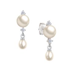 Undeniably elegant… This shimmering sterling silver necklace and earring set features an array of luminous white cultured pearls presented in an elegant drop design.  For the perfect finishing touch, the necklace and earrings are aglow with dazzling simulated diamonds that sparkle with every movement.  Arrives in our Signature Presentation Pouch, perfect for gift giving or safekeeping. Elegant Pear-shaped Pearl Chain Earrings, Pearl White Teardrop Jewelry For Evening, Drop Pearl Pendant Jewelry For Evening, Elegant Pearl Earrings With Pearl Pendant, Elegant Pearl Earrings With Pendant, Elegant Pearl Embellished Drop Earrings, Classic Drop Earrings With Pearl Chain, Elegant Pearl Bridal Earrings, Elegant Formal Pearl Embellished Earrings