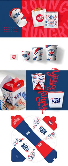 an image of some food packaging designs with different colors and patterns on them, including red white and blue