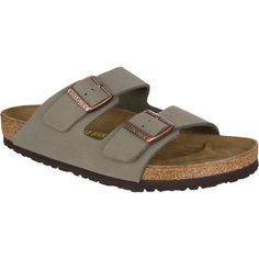 After a long morning hike, nothing feels better than to get back to camp, take off your heavy hiking boots, and slip on the Birkenstock Men's Arizona Sandal. Better than going barefoot, this sandal's contoured cork footbed conforms to the shape of your foot while protecting your foot from rocks and thorns as you walk from your tent to the lake for a late lunch overlooking the water. The durable synthetic straps are finished with a leather-like texture for classic style, while the buckled design Outdoor Leather Footbed Sandals, Outdoor Slip-on Sandals With Leather Footbed, Rugged Outdoor Sandals With Cushioned Footbed, Comfortable Sandals With Leather Footbed For Outdoor, Brown Footbed Sandals With Arch Support For Outdoor, Comfortable Leather Footbed Sandals For Outdoor, Brown Outdoor Footbed Sandals With Arch Support, Outdoor Brown Footbed Sandals With Arch Support, Leather Sandals With Cork-bed Midsoles For Outdoor Activities