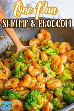 shrimp and broccoli stir fry in a skillet