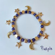 Handmade charm bracelets with moons and stars! Stretchy elastic fits most wrists. Diameter measures approximately 3 inches. Great for Halloween! Adjustable Celestial Charm Bracelets, Adjustable Celestial Charms Bracelet, Adjustable Star-shaped Celestial Bracelets, Adjustable Celestial Star Bracelet, Adjustable Celestial Bracelets With Star Charm, Adjustable Moon Charm Bracelet, Adjustable Beaded Bracelets With Moon Charm, Adjustable Celestial Beaded Bracelets With Round Beads, Celestial Style Adjustable Beaded Bracelets With Round Beads