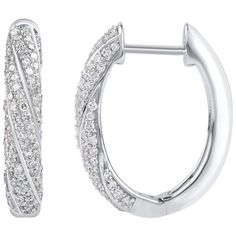 Bring charm to your look with this spiral design diamond hoop earrings. The earrings is crafted from 18-karat White gold and features Round- 160 Natural white diamond set in pave setting and shines in H-I color I2 clarity. A high polish finish complete the Brilliant sophistication of this head-turning earrings and secure confortably in post back. Spiral Design, Pave Setting, Diamond Hoop Earrings, Huggie Earrings, Diamond Set, Jewelry Earrings Hoops, Huggies Earrings, White Diamond, Diamond Bracelet