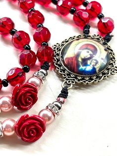 Handmade Rosary Valentine Rosary Red Glass & Black Beads Lady - Etsy Red Heart Beads Jewelry For Crafting, Handmade Red Rosary For Jewelry Making, Adjustable Red Beaded Rosary, Catholic Valentines, Handmade Rosary, Catholic Gifts, Jewelry Making Tutorials, Pink Beads, Heart Beads