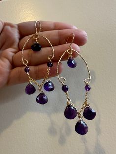 Gold filled Amethyst earrings Purple Teardrop Chandelier Earrings As Gift, Pierced Amethyst Crystal Earrings, Amethyst Gemstone Teardrop Dangle Earrings, Wire Wrapped Amethyst Drop Earrings, Amethyst Teardrop Crystal Earrings, Amethyst Crystal Earrings For Jewelry Making, Elegant Purple Gemstone Hoop Earrings, Amethyst Gemstone Crystal Earrings For Jewelry Making, Elegant Gold Amethyst Hoop Earrings