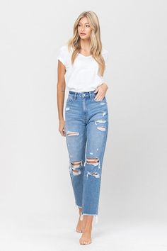 DISTRESSED RAW HEM MOM JEANS- NON STRETCH DENIM, HIGH WAISTED, DISTRESSED DETAIL, AUTHENTIC RIGID JEANS TEXTURE ,RAW HEMLINE, CROPPED LENGTH, MOM JEANF. RISE: 11 1/8" / INSEAM: 27'' / LEG OPENING: 13''100% COTTONMODEL IS 5'10'' WEARING SIZE 26#FLYINGMONKEYJEANS #VERVETDENIMONLY.THE.BESTMade In: importedFabric Contents: 100% Cotton Jeans Texture, Mom Jean Fits, Mom Jeans Style, White Dress Formal, Plus Size Sleepwear, Distressed Mom Jeans, Mom Jean, China Fashion, Plus Size Swimwear