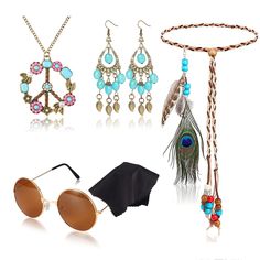 PRICES MAY VARY. Hippie Costume Accessories Set: You will get 4 items including 1 piece peace sign necklace and 1 pair of turquoise drop earrings, 1 hippie sunglasses and 1 piece vintage feather handband. A great accessory for boho style, concert hippie style, or 1960s, 1970s retro style, etc., imitating the trends of the times. Please note that the color of the glasses cloth is random. Bohemia Feather Headband: Bohemia peacock headpiece is made by feather,wood bead and faux leather; adjustable 70s Hair Accessories, Peacock Headpiece, Hippie Costume Halloween, Hippie Sunglasses, Vintage Feather, Hippie Party, Peace Sign Necklace, Hippie Costume, Sign Necklace