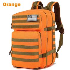 an orange backpack with the american flag on it