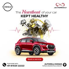 a red car with the words kept healthy on it and an image of a mechanical device