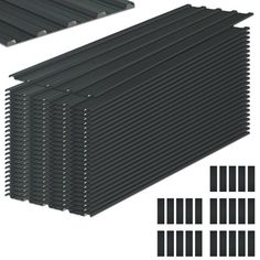 black corrugated roofing sheets with different sizes and colors for the top, bottom, and bottom