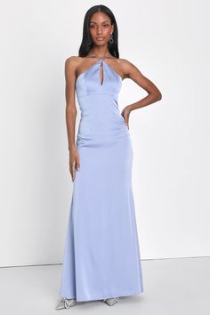 Celebrate a special day in an even more special way with the luxe look of the Lulus Lustrous Love Dusty Blue Satin Halter Cutout Mermaid Maxi Dress! Sleek woven satin shapes this simply breathtaking dress that features a princess-seamed bodice with a sexy keyhole cutout at the center and slender adjustable straps that create a modified halter neckline. The high, fitted waist tops a figure-flaunting, mermaid-style skirt that falls to a sweeping maxi hem. Turn around to reveal a flirty open-back d Elegant Satin Mermaid Bridesmaid Dress, Formal Satin Mermaid Dress For Prom Season, Elegant Satin Mermaid Dress, Formal Satin Mermaid Dress, Formal Satin Mermaid Dress With Mermaid Hem, Formal Satin Backless Bridesmaid Dress, Elegant Bridesmaid Dress With Mermaid Hem, Elegant Bridesmaid Evening Dress With Mermaid Hem, Elegant Backless Satin Mermaid Dress