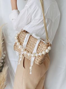 90e Baguette Bag Summer Straw Handbag Pearl Beads Handle Bag | Etsy Summer Straw Bag With Pearl Handle In Natural Color, Luxury Summer Shoulder Bag With Pearl Handle, Elegant Straw Bag With Pearl Handle For Beach, Chic Natural Straw Bag With Pearl Handle, Elegant Straw Bag With Pearl Handle, Wicker Purse, Straw Handbags, Pearl Bag, Wicker Bags