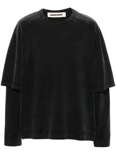 black cotton jersey texture layered details faded effect round neck drop shoulder long sleeves straight hem Shoulder Drop Tshirt, Black Top Men, Fire Clothes, Apparel Design Inspiration, Shirt Inspiration, Layered Shirts, Japanese Denim, Clothing Mockup, Mens Tee Shirts