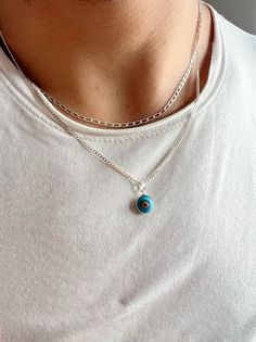 Introducing our exclusive collection of handmade necklaces for men on Etsy.com. These sterling silver necklaces are crafted with precision, featuring a stylish Silver Chain Necklace and a unique Round Evil Eye Necklace made with pasta turquoise. Wear them together for a bold statement or separately for a more subtle look. Only available at Christina Christi Store, they make the perfect accessory to elevate any outfit. Shop now and add a touch of sophistication to your style. 👉My Mens Necklaces Handmade Sterling Silver Pendant Chain Necklace, Handmade Sterling Silver Chain Necklace In White Gold, Handmade White Gold Sterling Silver Chain Necklace, Spiritual Sterling Silver Chain Necklace With Adjustable Chain, Spiritual Sterling Silver Pendant Chain Necklace, Mens Silver Chain Necklace, Mens Necklaces, Chain Necklace Silver, Protection Jewelry