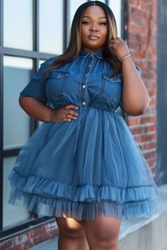 Xpluswear Design Plus Size Daily Blue Ruffle See Through Tencel Denim Tulle Overall Dress Plus Size 70s Fashion Outfit, Plus Size Concert Outfit Night, Denim On Denim Outfit Black Women, Denim Dress Outfit Summer, Casual Chic Dresses, Denim Dress Outfit Ideas, Petite Curvy Outfits, Plus Size Baddies, Shirt Collar Pattern