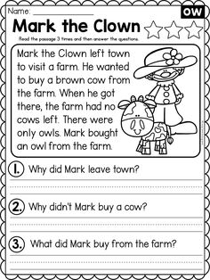 the worksheet for reading mark the clown