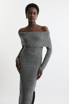 Effortless Elegance Exudes With This Dress, Crafted From A Soft Wool Knit Blend That Drapes The Silhouette In A Fitted Form From A Turtleneck To A Midi Length. Finished With A Bardot Neckline For Sultry Appeal, Pair This Piece With Knee High Boots For A Cooler Season Dress Outfit That Promises To Exude Luxury.Wool Knit Blendroll Necklong Sleevesbardot Neckline Petite Wedding Guest Dresses, Off The Shoulder Knit, Plus Size Workwear, Bardot Neckline, Tall Dresses, Outfits Petite, Petite Coat, Fall Outfits For Work, Wool Knit