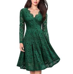 Vintage Retro Floral Lace V Neck Long Sleeve Flare Dress Long Sleeve Elegant Dresses, Elegant Casual Dress, Mid Calf Dresses, Evening Gown Dresses, Winter Skirt, Formal Gown, Lace Maxi, Vestido Casual, Evening Gowns Formal