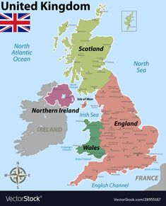 an illustrated map of the united kingdom with all major cities and their flags - stock photo - images