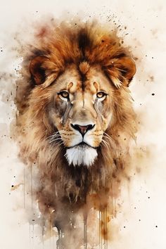 a watercolor painting of a lion's face with brown and white paint splattered on it