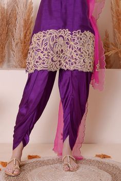 Purple kurta with floral cutwork embroidery on the neckline, sleeves and hem. Paired with a dhoti pant and a pink colour organza scallop embroidered dupatta. - Aza Fashions Floral Cutwork, Dhoti Pants, Cutwork Embroidery, Embroidered Dupatta, Pink Colour, Fashion App, Cut Work, Pant Set, Embroidered Silk