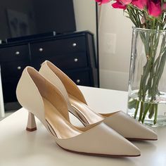 Brand New Ivory Dress Shoes, Size 7.5, Never Been Worn. Heel Is About 2” Tall, Cream Heels With 4-inch Heel, Fitted Cream Heels With 4-inch Heel, Cream 4-inch Heels, Feminine Fitted Beige Heels, Fitted Feminine Beige Heels, Classic Fitted Cream Heels, Feminine Beige Heels For Office, Feminine Beige Office Heels, Cream Fitted Heels For Work