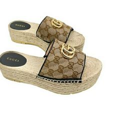 Gucci Beige/Ebony Espadrille Wedges. Has Thick Quilted Monogram Canvas, 2 Inch Espadrille Wedge, With Gold Metal Interlocking Gg Logo. Gucci Leather Wedge Sandals For Summer, Gucci Wedge Sandals With Platform Heel, Chic Gucci Platform Wedge Sandals, Gucci Platform Wedge Sandals, Gucci Designer Wedge Sandals With Round Toe, Gucci Summer Wedge Sandals, Chic Gucci Wedge Sandals For Summer, Chic Gucci Summer Wedge Sandals, Designer Gucci Wedge Sandals With Round Toe