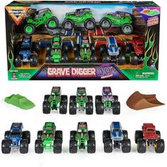 monster trucks are in the box and ready to be used as toy vehicles for children