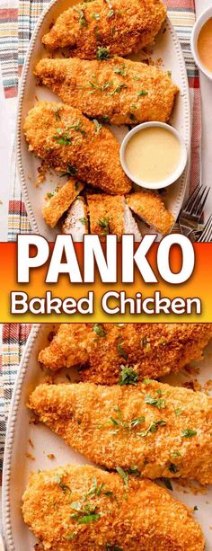 panko baked chicken on a plate with dipping sauce